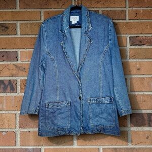 Vintage 90s Denim Blazer with Lace Up Grommet Edge Y2K Boho Jean Jacket Blue
